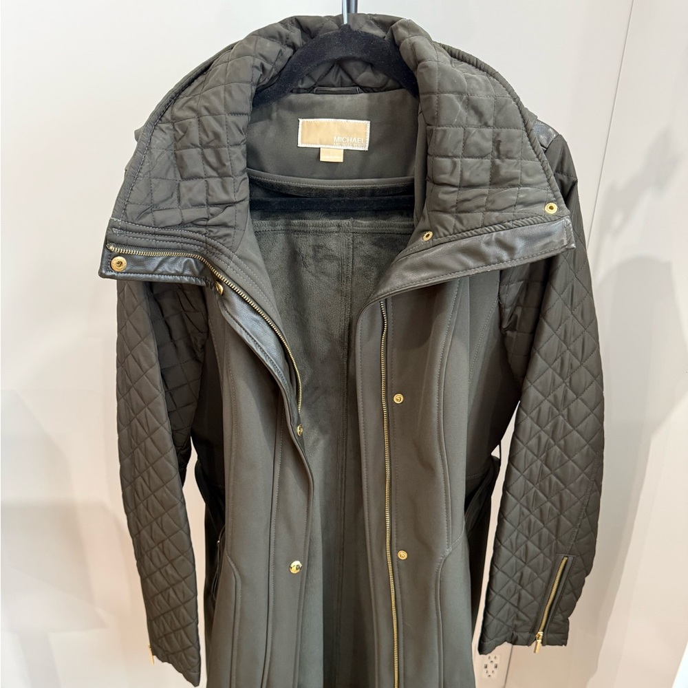 Michael Kors Olive Quilted Utility Jacket with Gold Accents